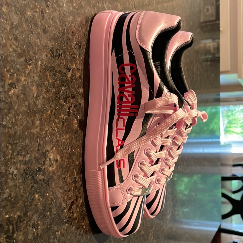 Cavalli Class Zebra Stripe Sneakers in Pink and Black NWOB 38/8